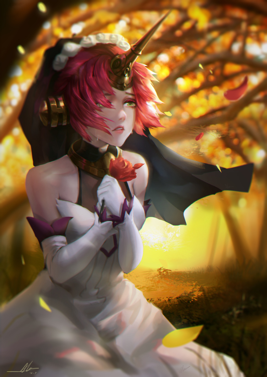 1girl absurdres alov bare_shoulders berserker_of_black crying crying_with_eyes_open dress elbow_gloves fate/apocrypha fate_(series) flower gloves green_eyes highres holding holding_flower horn outdoors red_rose redhead rose sitting solo tears veil