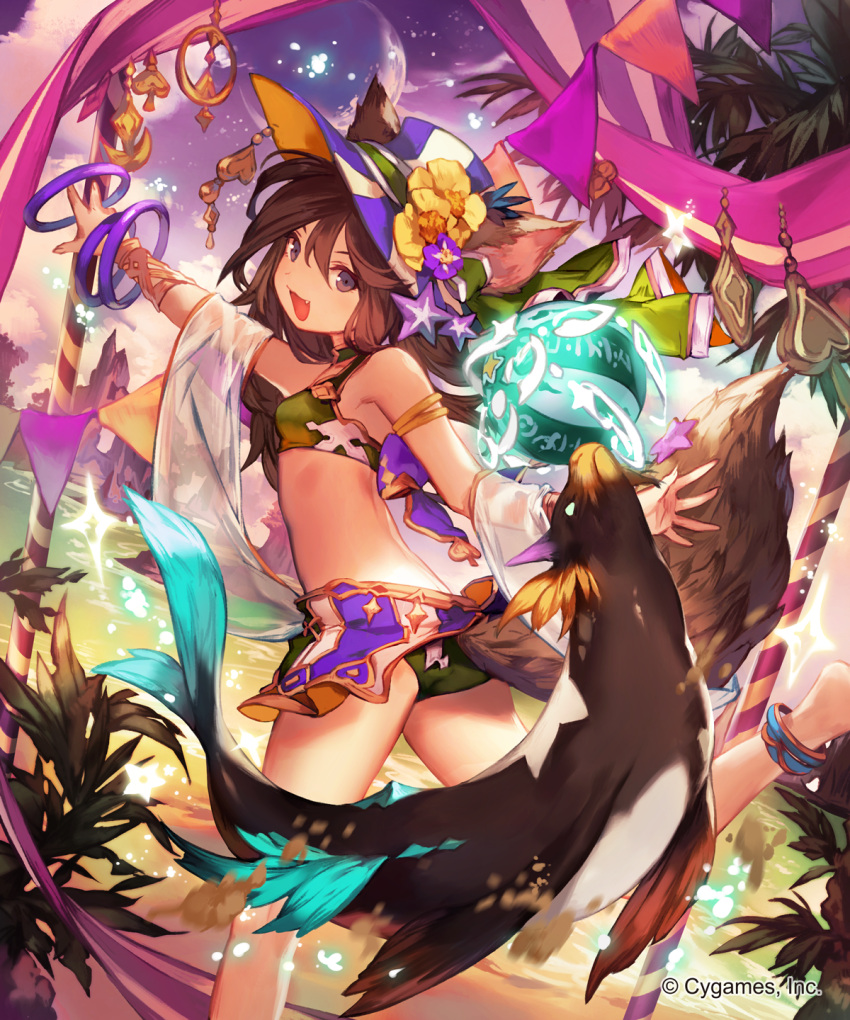 1girl :d animal_ears anklet armlet ass beach bikini black_eyes bracelet brown_hair fang from_behind green_bikini hair_between_eyes highres jewelry lee_hyeseung long_hair looking_at_viewer miniskirt open_mouth outdoors outstretched_arms see-through shingeki_no_bahamut skirt smile solo standing swimsuit tail wolf_ears wolf_tail