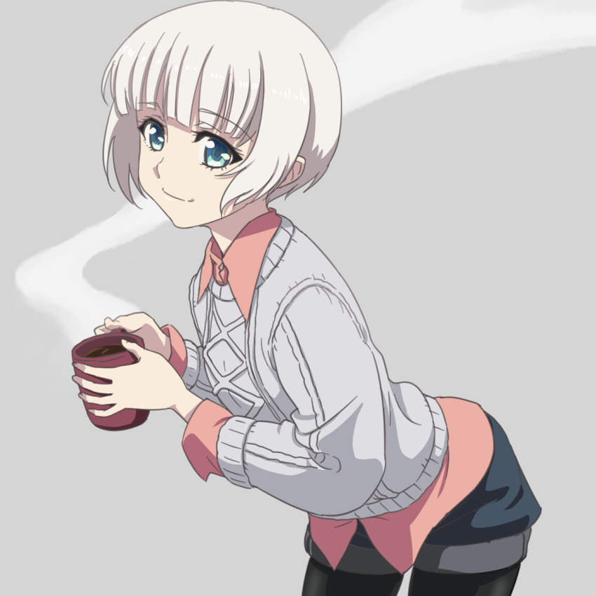1girl black_legwear blue_eyes coffee cup grey_background highres leaning_forward light_smile looking_at_viewer meteora_osterreich mug pantyhose re:creators shorts sketch solo standing white_hair yazwo
