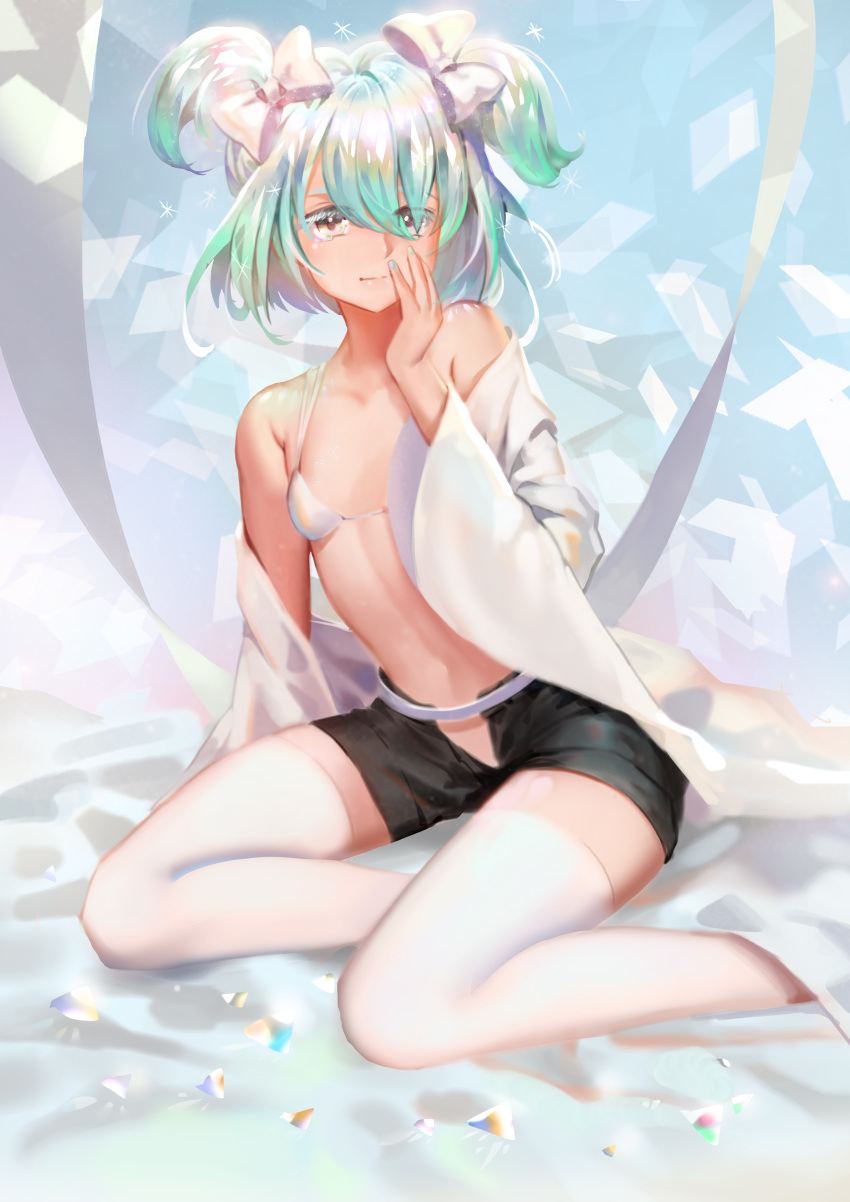 absurdres androgynous aqua_hair arm_support bangs bare_shoulders bed_sheet bikini_top black_shorts blanket blush bow brown_eyes closed_mouth diamond_(houseki_no_kuni) eyelashes hair_between_eyes hair_bow highres houseki_no_kuni kirbyheimi leaning_to_the_side looking_at_viewer on_bed open_fly shatter shiny shiny_hair short_hair short_shorts shorts silver_hair smile sparkle stomach thigh-highs two_side_up under_covers white_bikini_top white_bow white_legwear