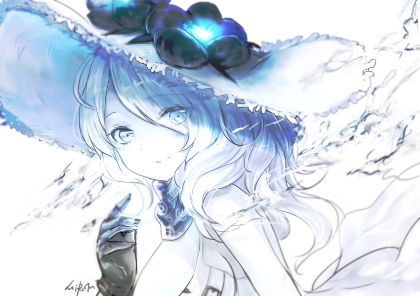 1girl blue blush dress eyebrows_visible_through_hair eyes_visible_through_hair flower from_side gloves hat hat_flower kantai_collection long_hair looking_at_viewer looking_to_the_side mirutu monochrome seaport_hime seaport_summer_hime shinkaisei-kan signature smile solo sun_hat sundress