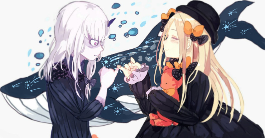2girls a_o_ume abigail_williams_(fate/grand_order) albino black_bow black_dress black_hat blonde_hair blush bow closed_eyes commentary_request dress fate/grand_order fate_(series) hair_bow hat holding holding_stuffed_animal lavinia_whateley_(fate/grand_order) long_hair long_sleeves multiple_girls no_pupils orange_bow pink_eyes pinky_swear ribbed_dress sleeves_past_wrists smile stuffed_animal stuffed_toy teddy_bear whale white_hair white_skin