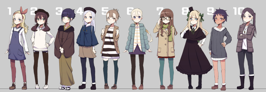 6+girls adjusting_eyewear ahoge ankle_boots arms_at_sides bangs bare_legs black-framed_eyewear black_dress black_footwear black_hat black_legwear black_pants black_sweater blonde_hair blue_coat blue_legwear blunt_bangs blush boots bow brown_eyes brown_footwear brown_hair brown_jacket brown_skirt capelet clenched_hands closed_mouth coat crossed_arms dark_skin dress expressionless eyebrows_visible_through_hair folded_ponytail forehead full_body fur-trimmed_boots fur_trim geta glasses green_bow green_eyes green_legwear green_ribbon green_scarf grey_background grey_eyes hair_bow hair_ribbon hairband hands_on_hips hat highres jacket jewelry knee_boots legs_apart long_hair long_skirt long_sleeves looking_at_viewer low_ponytail low_twintails maze_(gochama_ze_gohan) mini_hat mini_top_hat multiple_girls neck_ribbon necklace number open_clothes open_coat open_jacket original overalls own_hands_together pants pantyhose pigeon-toed purple_hair purple_skirt red_hairband red_legwear red_ribbon red_skirt ribbon scarf shirt shoes side_ponytail sidelocks silver_hair simple_background skirt sleeves_past_wrists smug standing striped striped_dress sweater sweater_dress tabi tareme thigh-highs top_hat twintails v-shaped_eyebrows v_arms violet_eyes wavy_hair white_footwear white_legwear white_shirt white_sweater winter_clothes winter_coat yellow_eyes zettai_ryouiki