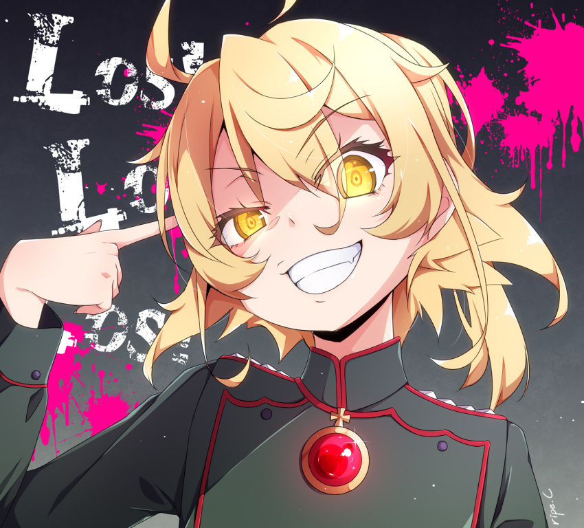 1girl blonde_hair blood blood_splatter evil_grin evil_smile grin hair_between_eyes highres iron_cross looking_at_viewer medal military military_uniform ripe.c smile solo tanya_degurechaff uniform yellow_eyes youjo_senki