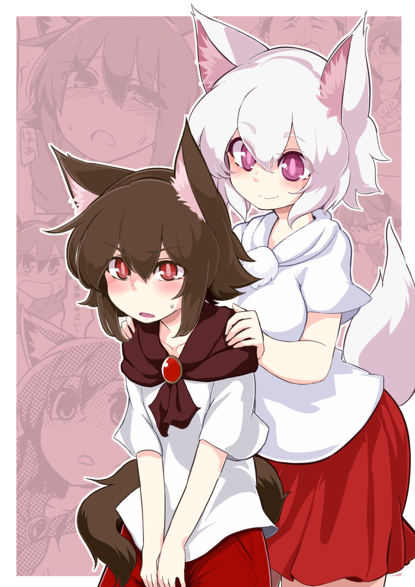 2girls alternate_hair_length alternate_hairstyle animal_ears azumaya_toushirou breasts bright_pupils brooch brown_hair commentary_request eyebrows_visible_through_hair hair_between_eyes hands_on_another's_shoulders highres imaizumi_kagerou inubashiri_momiji jewelry multiple_girls pom_pom_(clothes) red_eyes red_skirt short_sleeves skirt smile sweatdrop tail touhou violet_eyes white_hair wolf_ears wolf_tail