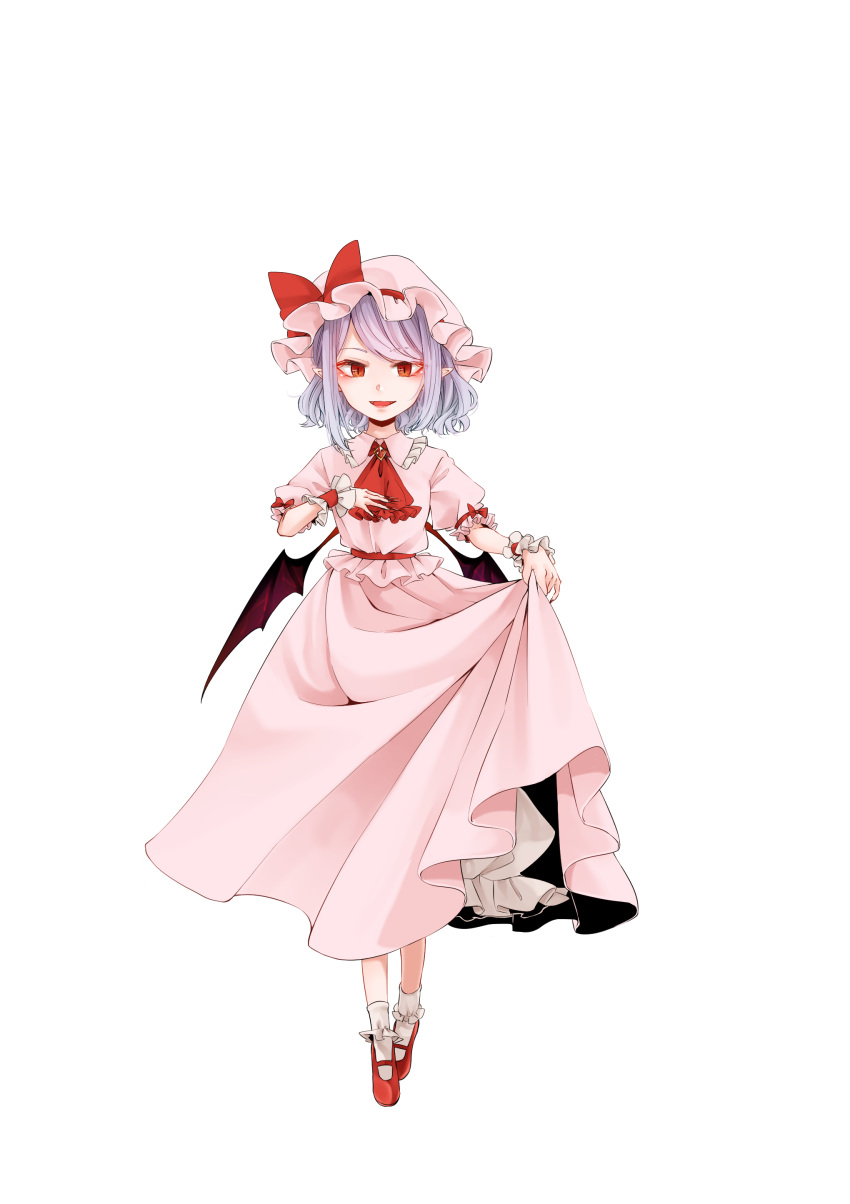 1girl absurdres ascot bat_wings bloomers bobby_socks bow brooch full_body hat hat_bow highres jewelry lavender_hair lifted_by_self looking_at_viewer pink_hat pointy_ears red_bow red_eyes red_footwear remilia_scarlet shoes simple_background skirt skirt_lift smile socks solo souta_(karasu_no_ouchi) standing touhou underwear white_background white_legwear wings wrist_cuffs