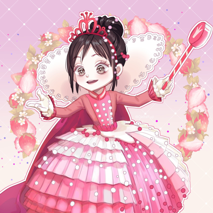 1girl alternate_costume alternate_eye_color argyle argyle_background black_hair candy candy_hair_ornament child crown disney dress flower food food-themed_hair_ornament formal frilled_cuffs frilled_dress frilled_sleeves frills fruit gloves grey_eyes hair_bun hair_ornament highres hoop_skirt lollipop mouth_hold okitafuji outstretched_arm outstretched_arms outstretched_hand pearl_(gemstone) pink_background pink_dress princess princess_dress royal scepter smile sprinkles strawberry strawberry_background strawberry_blossoms tiara updo vanellope_von_schweetz white_dress wreck-it_ralph