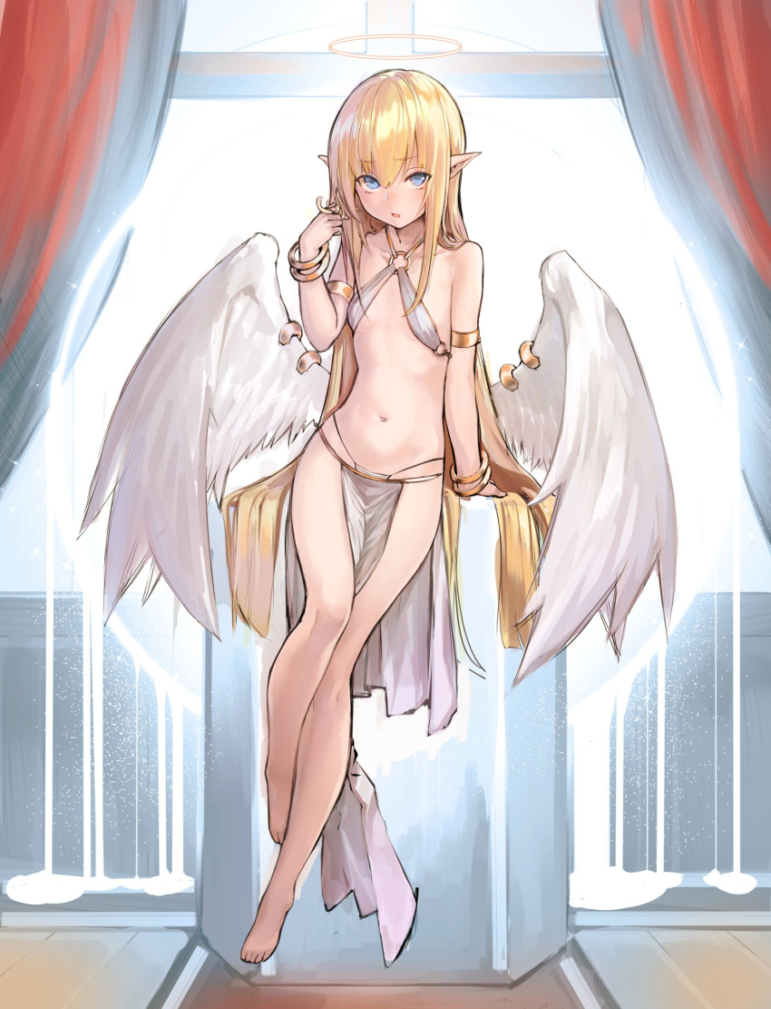 1girl angel angel_wings armlet bangle bare_legs barefoot blonde_hair blue_eyes bracelet breasts criss-cross_halter deluxe&lt;&lt;&lt; eyebrows_visible_through_hair full_body hair_twirling halo halterneck highres jewelry loincloth long_hair looking_at_viewer midriff navel o-ring o-ring_top panties parted_lips pelvic_curtain pointy_ears sidelocks small_breasts solo string_panties underwear very_long_hair white_panties white_wings wings