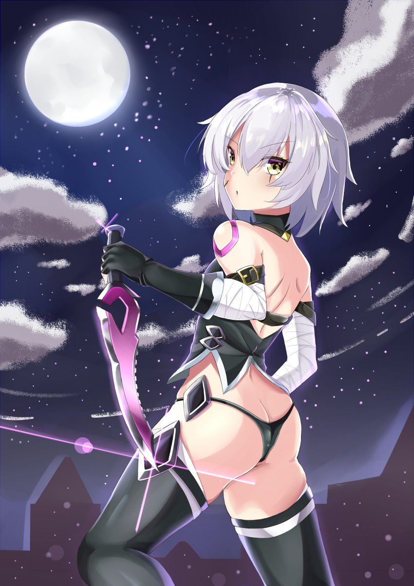 1girl absurdres arm_belt bandage bandaged_arm black_panties butt_crack dagger dual_wielding fate/apocrypha fate/grand_order fate_(series) full_moon gloves green_eyes highres holding holding_knife jack_the_ripper_(fate/apocrypha) knife lowleg lowleg_panties moon night night_sky outdoors panties reverse_grip scar scar_across_eye scar_on_cheek shoulder_tattoo silver_hair single_glove sky solo star star_(sky) starry_sky tattoo underwear weapon white_hair
