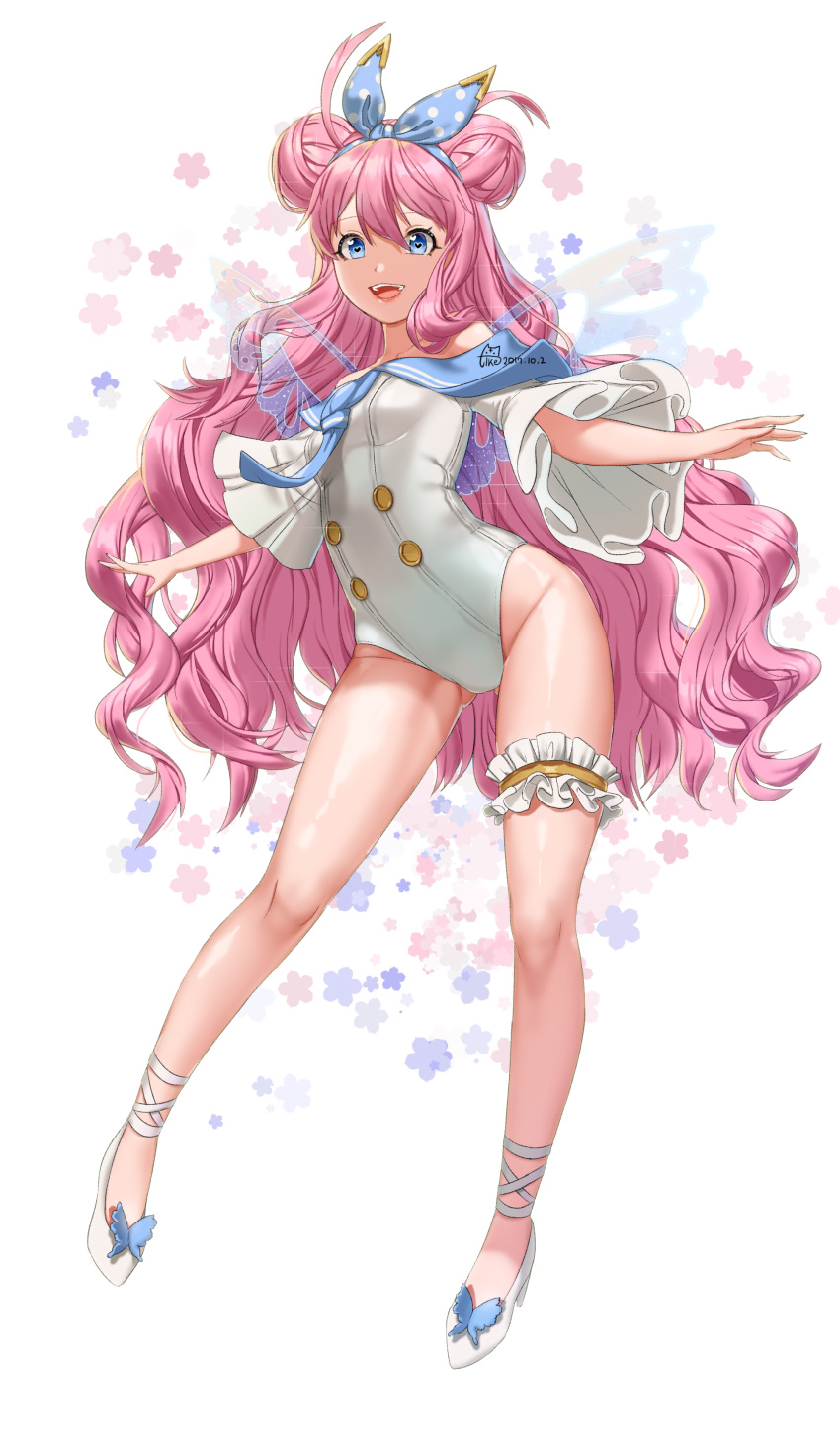 1girl :d absurdres blue_eyes bow dated double_bun fairy_wings full_body hair_bow heart heart_eyes highres leotard long_hair looking_at_viewer open_mouth pink_hair polka_dot ribbon smile standing thigh_strap tikeworld transparent_wings very_long_hair white_footwear wide_sleeves wings