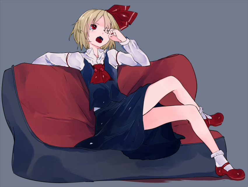 1girl black_skirt blonde_hair commentary_request fangs full_body grey_background hair_ribbon ikurauni long_sleeves looking_up mary_janes miniskirt one_eye_closed open_mouth red_eyes red_footwear red_ribbon ribbon rumia shoes short_hair simple_background sitting skirt skirt_set socks solo tears tongue touhou vest white_legwear wing_collar