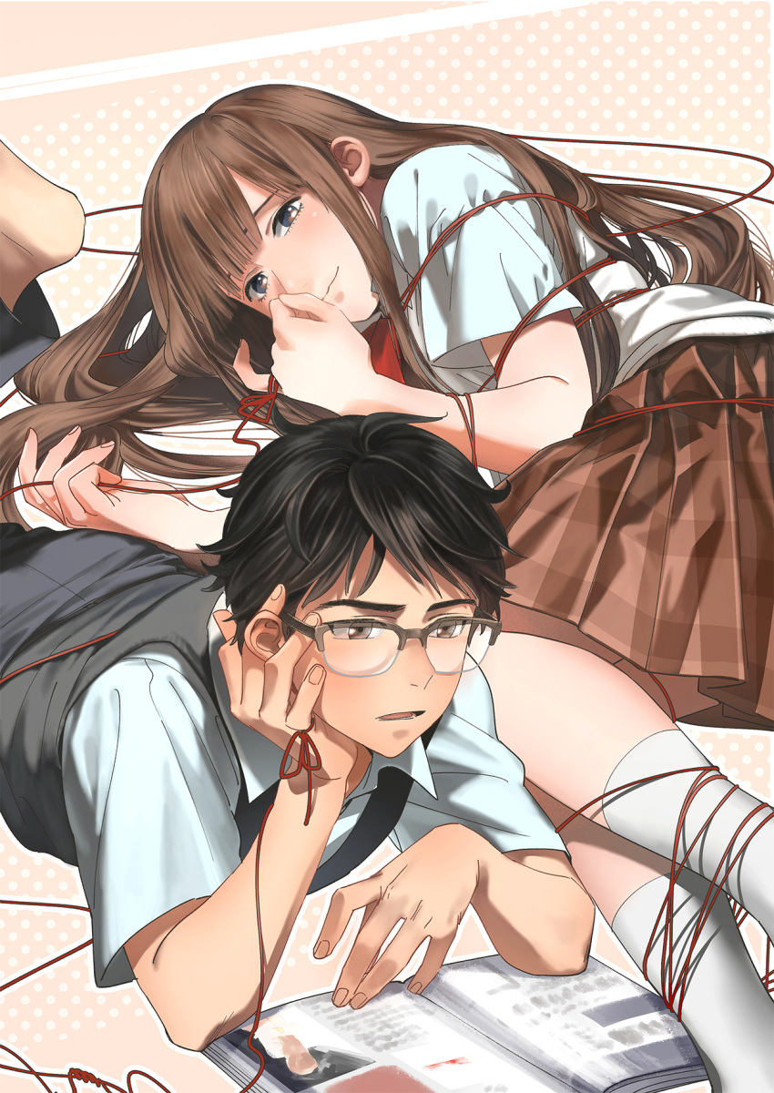 1boy 1girl barefoot black_hair blush book bound brown_eyes brown_hair brown_skirt chin_rest commentary_request glasses highres kneehighs long_hair lying on_side on_stomach open_book original outline over-rim_eyewear parted_lips pinky_out pleated_skirt polka_dot polka_dot_background red_string school_uniform shirt skirt string sweater_vest teiraman tied_up very_long_hair white_legwear white_shirt