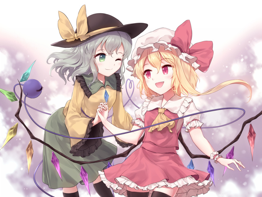 2girls :d ;) ascot black_legwear blonde_hair bow eyebrows_visible_through_hair fang flandre_scarlet frilled_sleeves frills green_eyes green_hair hand_holding hat hat_bow heart heart_of_string interlocked_fingers komeiji_koishi leaning_forward long_hair looking_at_another minust mob_cap multiple_girls one_eye_closed open_mouth red_eyes skirt skirt_set slit_pupils smile thigh-highs touhou wide_sleeves wings wrist_cuffs