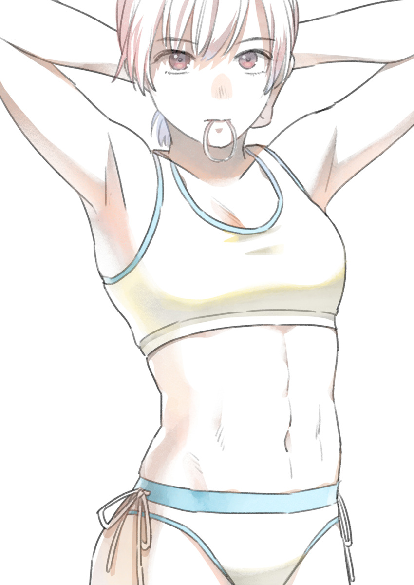 1girl armpits arms_up artist_name blush brown_eyes bunching_hair closed_mouth hair_tie highres konno_tamao monochrome mouth_hold navel sketch solo sports_bra spot_color teiraman tokimeki_memorial tokimeki_memorial_girl's_side tokimeki_memorial_girl's_side_3rd_story white_background