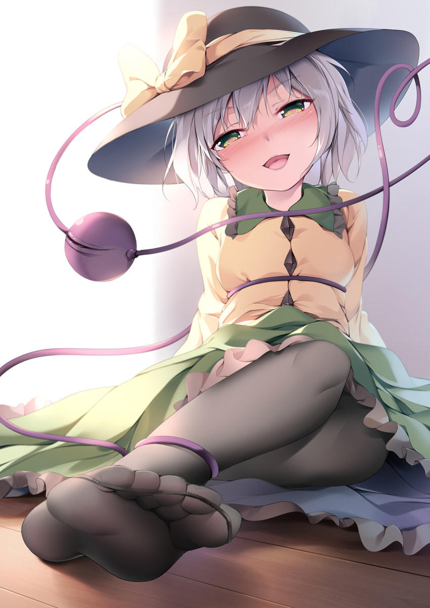 1girl black_hat black_legwear blush bow breasts chen_bin chinese commentary_request feet green_eyes green_skirt hat hat_bow head_tilt heart heart-shaped_pupils highres indoors komeiji_koishi long_hair open_mouth pantyhose shirt silver_hair sitting skirt small_breasts smile soles solo symbol-shaped_pupils third_eye toes touhou yellow_bow yellow_shirt