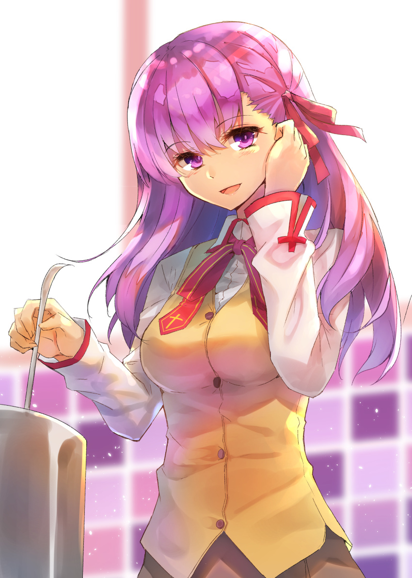 1girl absurdres blush breasts cooking eyebrows_visible_through_hair fate/stay_night fate_(series) hair_ribbon highres hopepe indoors ladle large_breasts long_sleeves looking_at_viewer matou_sakura open_mouth pot purple_hair red_ribbon ribbon school_uniform smile solo violet_eyes