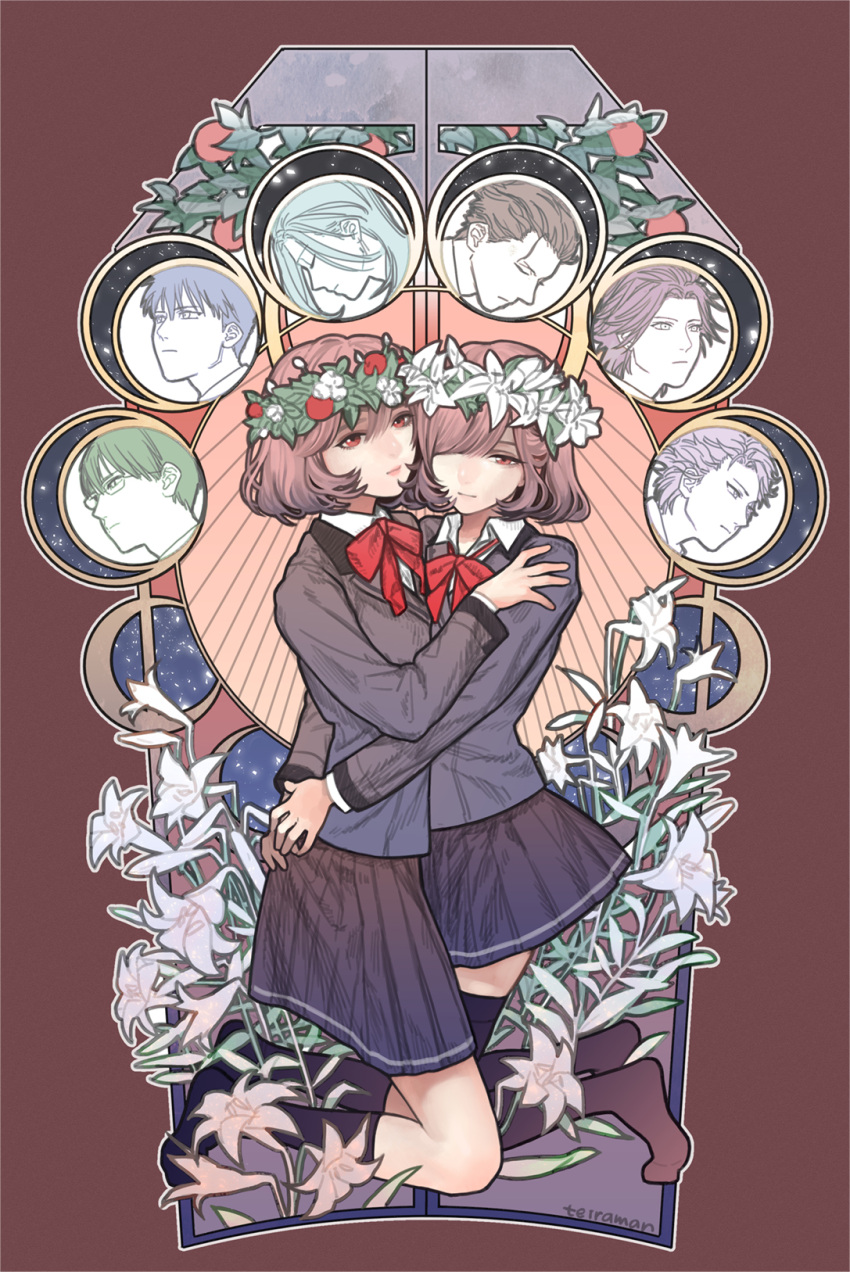 2girls 6+boys artist_name black_legwear black_skirt blazer brown_background brown_eyes brown_hair character_request closed_eyes closed_mouth collared_shirt flower glasses hair_over_one_eye hand_on_another's_shoulder head_wreath highres hug jacket kneehighs kneeling lily_(flower) long_sleeves multiple_boys multiple_girls own_hands_together partially_colored pleated_skirt profile protagonist_(tokimemo_gs3) red_neckwear school_uniform shirt short_hair skirt teiraman tokimeki_memorial tokimeki_memorial_girl's_side tokimeki_memorial_girl's_side_3rd_story white_shirt wing_collar