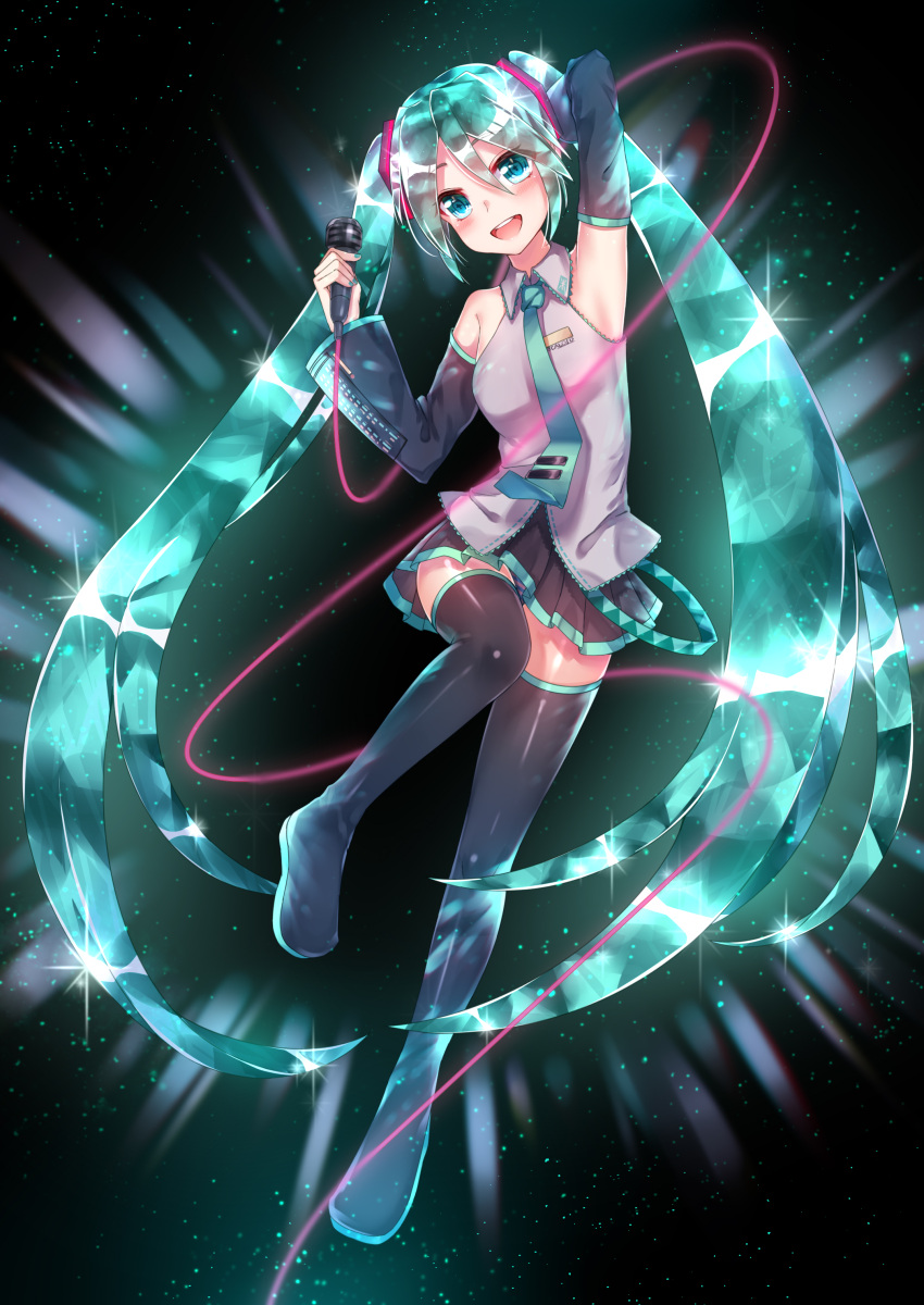 1girl :d absurdres arm_behind_back armpits black_background black_footwear black_skirt blue_eyes blue_nails blush boots detached_sleeves floating_hair full_body green_hair green_neckwear grey_shirt hair_between_eyes hatsune_miku highres holding holding_microphone houseki_no_kuni long_hair looking_at_viewer microphone miniskirt nail_polish necktie one_leg_raised open_mouth pleated_skirt shiny shiny_clothes shiny_skin shirt skirt sleeveless sleeveless_shirt sll smile solo thigh-highs thigh_boots twintails very_long_hair zettai_ryouiki