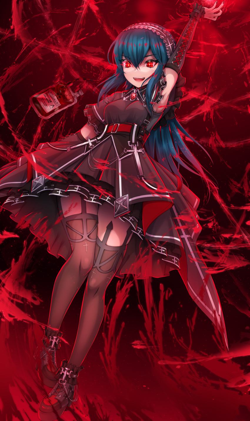 1girl arm_up armpits bianca_(black_survival) black_dress black_footwear black_survival blood blood_bag blue_hair breasts cross dress drinking_straw gothic_lolita highres lolita_fashion long_hair open_mouth red_eyes shimo_(depthbomb) small_breasts solo thigh-highs zettai_ryouiki