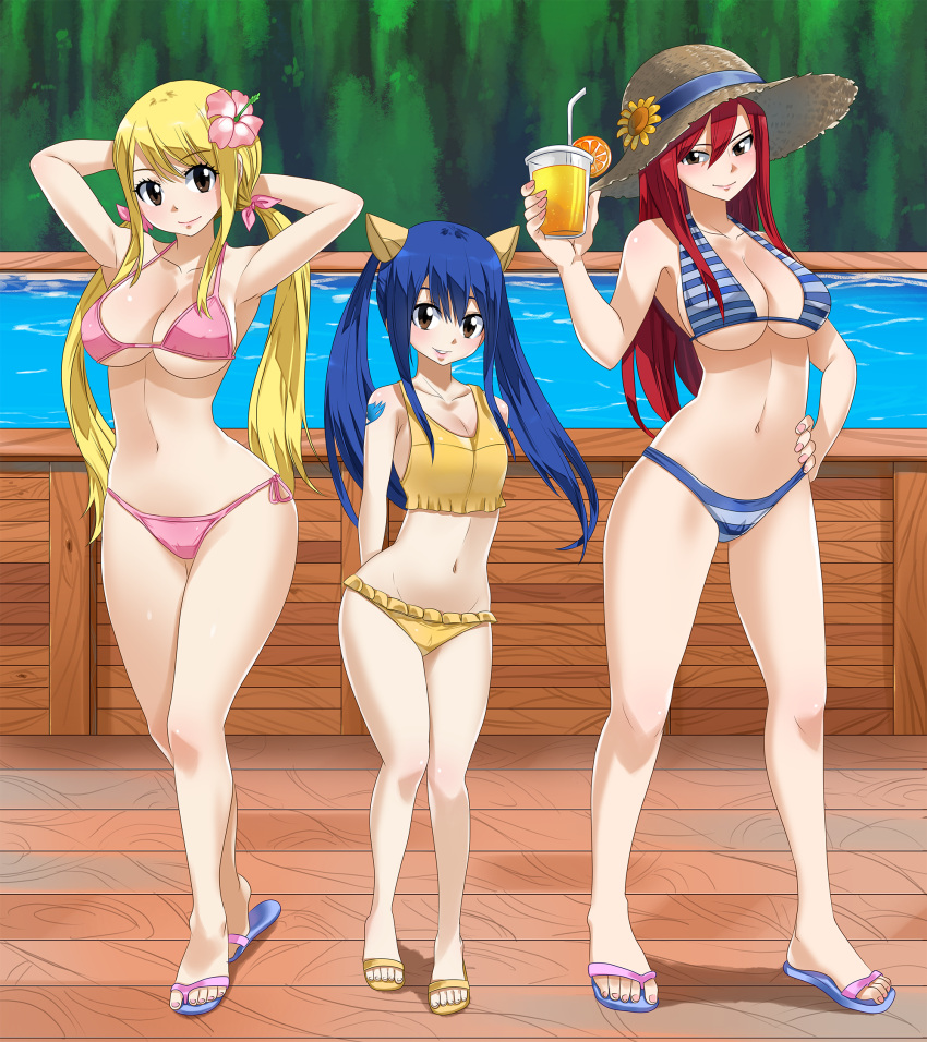 3girls arms_behind_back bikini black_eyes blonde_hair blue_bikini blue_hair blue_ribbon blush breasts brown_eyes brown_hat cleavage collarbone day detached_sleeves erza_scarlet fairy_tail floating_hair flower frilled_bikini_bottom full_body hair_between_eyes hair_ornament halterneck hand_on_hip hat hat_flower hat_ribbon hibiscus highres large_breasts long_hair looking_at_viewer lucy_heartfilia multiple_girls navel outdoors parted_lips pink_bikini pink_flower planeptune redhead ribbon side-tie_bikini sideboob small_breasts smile standing straw_hat striped striped_bikini sun_hat sunflower swimsuit tattoo twintails under_boob wendy_marvell wide_hips yellow_bikini yellow_flower
