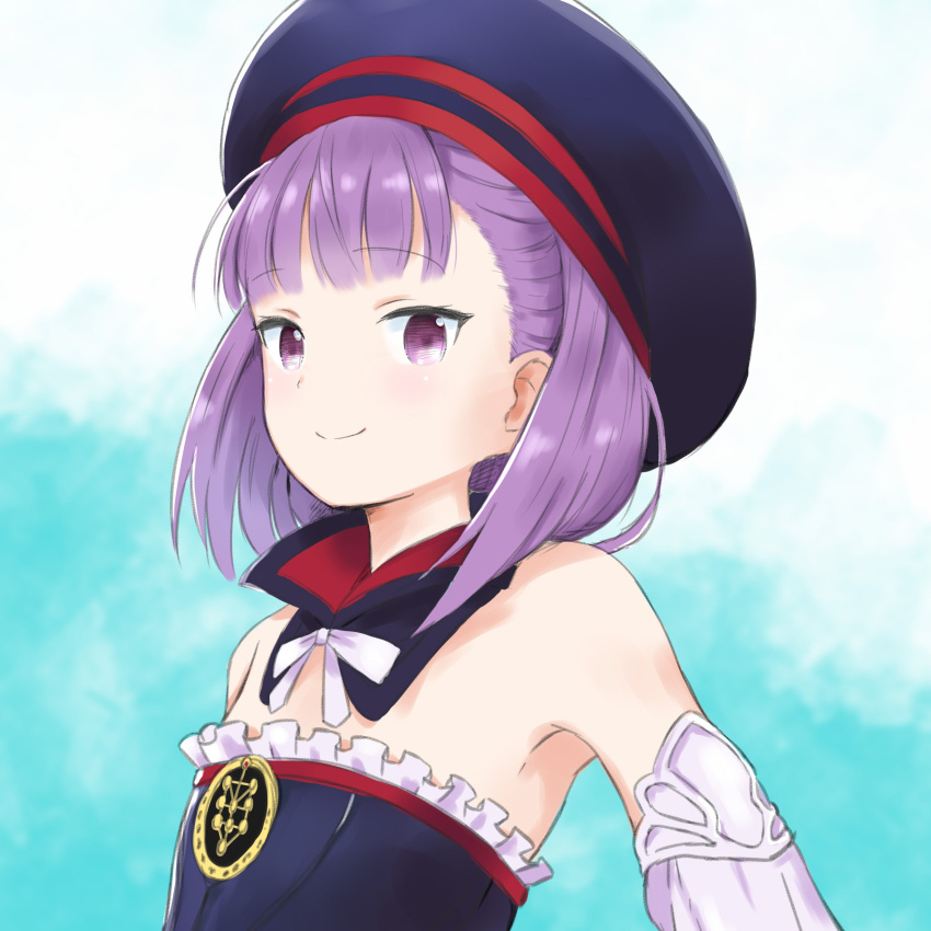 1girl absurdres bare_shoulders detached_collar detached_sleeves fate/grand_order fate_(series) flat_chest hat helena_blavatsky_(fate/grand_order) highres laika_(sputnik2nd) looking_at_viewer purple_hair short_hair sketch smile solo strapless tree_of_life violet_eyes