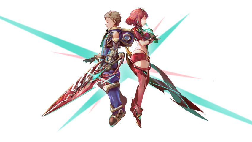 1boy 1girl bardosui black_hair bodysuit breasts brown_hair crotchless_pants fingerless_gloves gloves hair_ornament highres pyra_(xenoblade) red_eyes redhead rex_(xenoblade_2) short_hair simple_background smile sword weapon xenoblade xenoblade_2