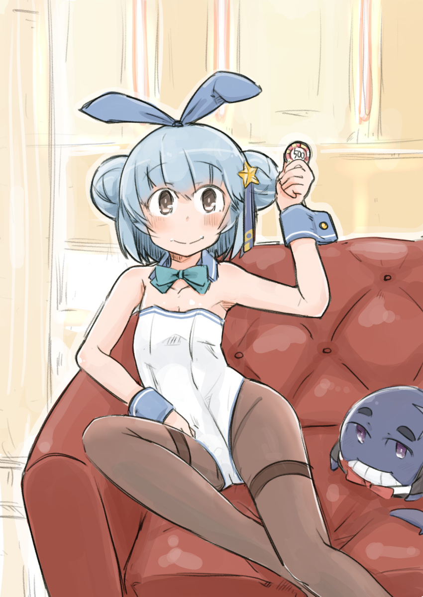 1girl 1other animal_ears blue_hair blue_neckwear bow bowtie brown_legwear bunny_tail bunnysuit commentary_request couch detached_collar double_bun enjaku_izuku highres kantai_collection leotard little_blue_whale_(kantai_collection) looking_at_viewer pantyhose poker_chip rabbit_ears samuel_b._roberts_(kantai_collection) short_hair smile strapless strapless_leotard tail thighband_pantyhose whale white_leotard wrist_cuffs yellow_eyes