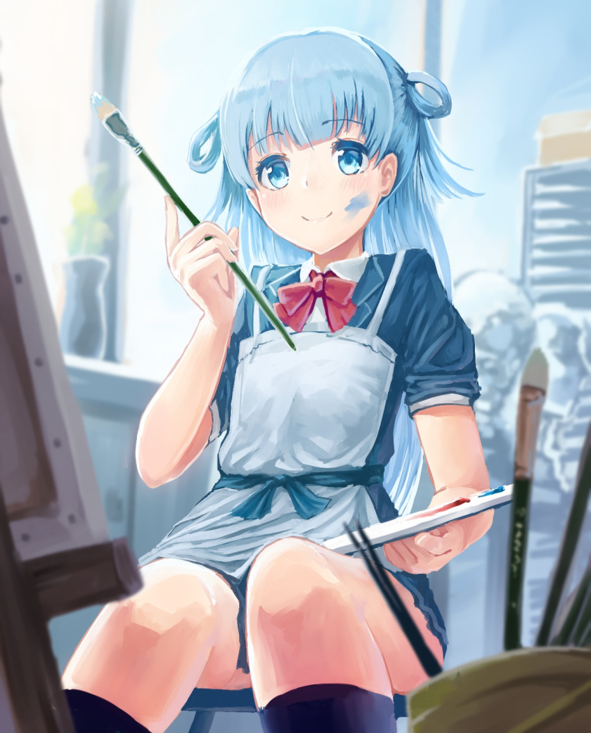 1girl apron bangs black_legwear blue blue_blazer blue_eyes blue_hair blue_skirt blunt_bangs bow bowtie closed_mouth commentary_request day easel eyebrows_visible_through_hair faux_traditional_media flower foreshortening hair_rings hand_up highres holding_paintbrush indoors kneehighs light_blush long_hair looking_at_viewer on_chair original paint_on_face paintbrush palette pixiv-tan red_neckwear ribbon school_uniform shirt short_sleeves sitting skirt smile solo suzuki_puramo vase white_shirt window