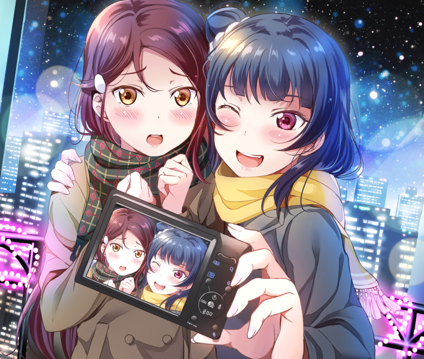 2girls ;d backlighting bangs blue_hair blunt_bangs blush brown_coat brown_eyes building camera city coat eyebrows_visible_through_hair foreshortening green_scarf hair_ornament hairclip hand_on_another's_shoulder hands hands_up highlights highres holding holding_camera long_hair long_sleeves love_live! love_live!_sunshine!! multicolored_hair multiple_girls night night_sky one_eye_closed open_mouth railing redhead round_teeth sakurauchi_riko scarf self_shot side_bun sky smile star_(sky) starry_sky tareme tassel teeth tipii tsushima_yoshiko upper_body very_long_hair yellow_eyes yellow_scarf