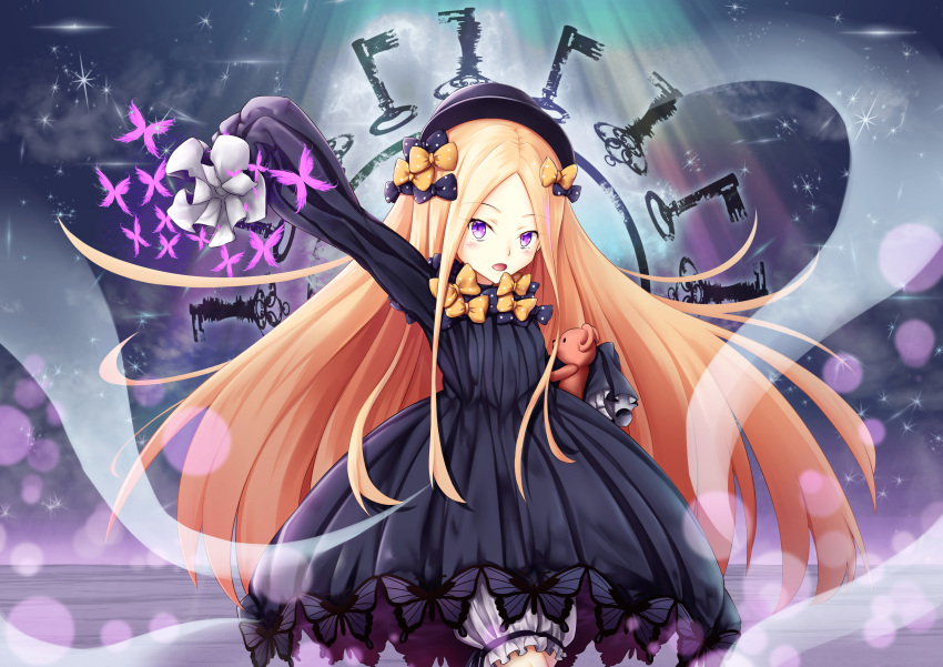 1girl abigail_williams_(fate/grand_order) absurdres arm_up bangs black_bow black_dress black_hat blonde_hair bloomers bow butterfly commentary_request dress eyebrows_visible_through_hair fate/grand_order fate_(series) forehead hair_bow hat highres key long_hair long_sleeves looking_at_viewer object_hug ootorisora open_mouth orange_bow outstretched_arm parted_bangs polka_dot polka_dot_bow sleeves_past_wrists solo stuffed_animal stuffed_toy teddy_bear underwear very_long_hair violet_eyes white_bloomers
