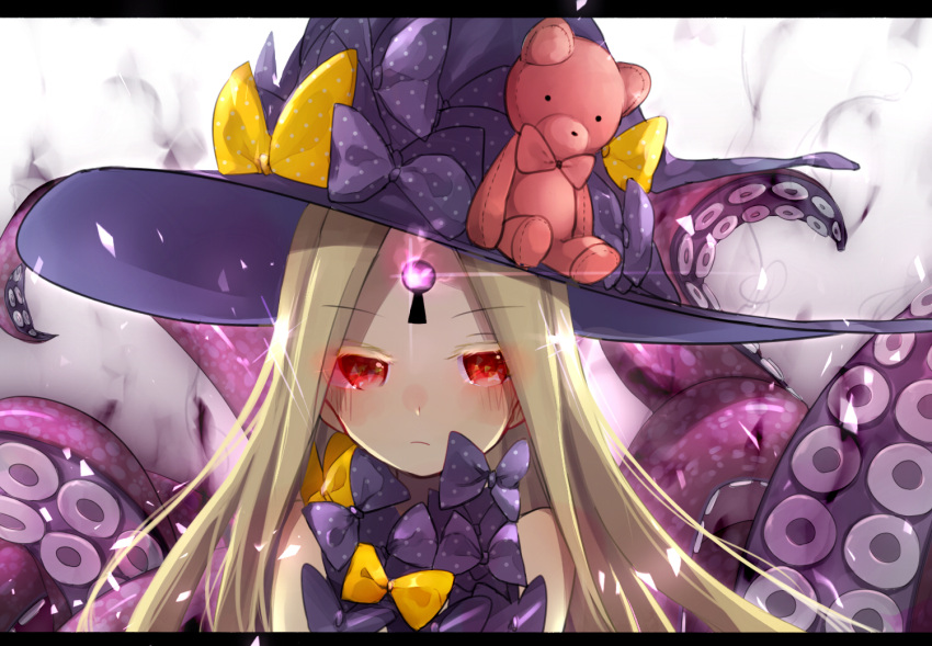 1girl abigail_williams_(fate/grand_order) bangs bare_shoulders blush bow closed_mouth commentary_request eyebrows_visible_through_hair fate/grand_order fate_(series) glowing hat keyhole long_hair looking_at_viewer parted_bangs polka_dot polka_dot_bow purple_bow purple_hat red_eyes ruto_(rutodesu) solo stuffed_animal stuffed_toy suction_cups teddy_bear tentacle witch_hat yellow_bow