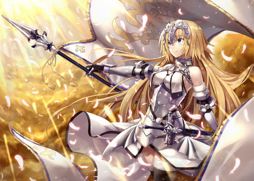 1girl armor armored_dress bangs banner bare_shoulders black_gloves black_legwear blonde_hair blue_eyes breasts chains closed_mouth clouds cloudy_sky commentary_request dress elbow_gloves eyebrows_visible_through_hair fate/grand_order fate_(series) faulds floating_hair fur-trimmed_gloves fur-trimmed_legwear fur_trim gabiran gauntlets gloves glowing glowing_feather hair_between_eyes halterneck headpiece holding holding_spear holding_weapon jeanne_d'arc_(fate) jeanne_d'arc_(fate)_(all) light_rays long_hair looking_away medium_breasts plackart polearm scabbard sheath sheathed shiny shiny_hair sky smile solo spear standard_bearer standing sunlight tassel thigh-highs very_long_hair weapon white_dress white_feathers wind wind_lift