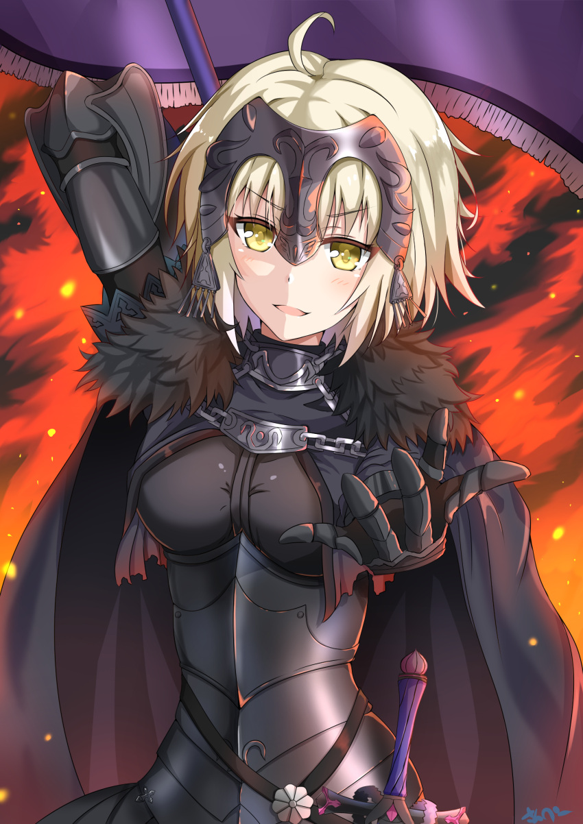 1girl :d arm_behind_back armor armored_dress banner black_cape black_dress cape chains dress eyebrows_visible_through_hair fate/grand_order fate_(series) fire gauntlets green_eyes highres holding holding_weapon jeanne_d'arc_(alter)_(fate) jeanne_d'arc_(fate)_(all) looking_at_viewer open_mouth short_hair signature silver_hair smile solo standing sunsun2812 sword upper_body weapon