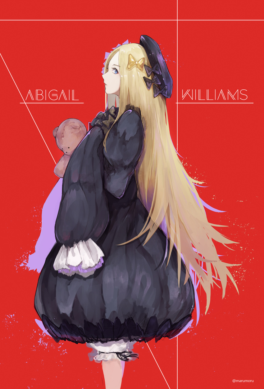 1girl abigail_williams_(fate/grand_order) bangs black_bow black_dress black_hat blonde_hair bloomers blue_eyes bow butterfly character_name commentary_request cowboy_shot dress fate/grand_order fate_(series) hair_bow hands_in_sleeves hat highres long_hair long_sleeves looking_at_viewer looking_to_the_side marumoru object_hug orange_bow parted_bangs polka_dot polka_dot_bow profile red_background simple_background solo stuffed_animal stuffed_toy teddy_bear twitter_username underwear very_long_hair white_bloomers