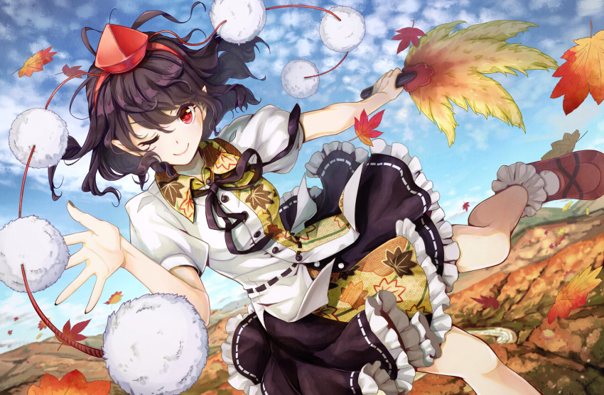 1girl ;) autumn autumn_leaves black_ribbon blue_sky bobby_socks buttons clouds day dutch_angle fan flying frilled_skirt frills hat highres holding holding_fan leaf leaf_print looking_at_viewer maple_leaf midair neck_ribbon one_eye_closed outdoors pointy_ears pom_pom_(clothes) puffy_short_sleeves puffy_sleeves red_eyes ribbon ribbon-trimmed_clothes ribbon-trimmed_skirt ribbon_trim shameimaru_aya shirt shoes short_hair short_sleeves skirt sky smile socks solo syuri22 tokin_hat touhou waving white_legwear