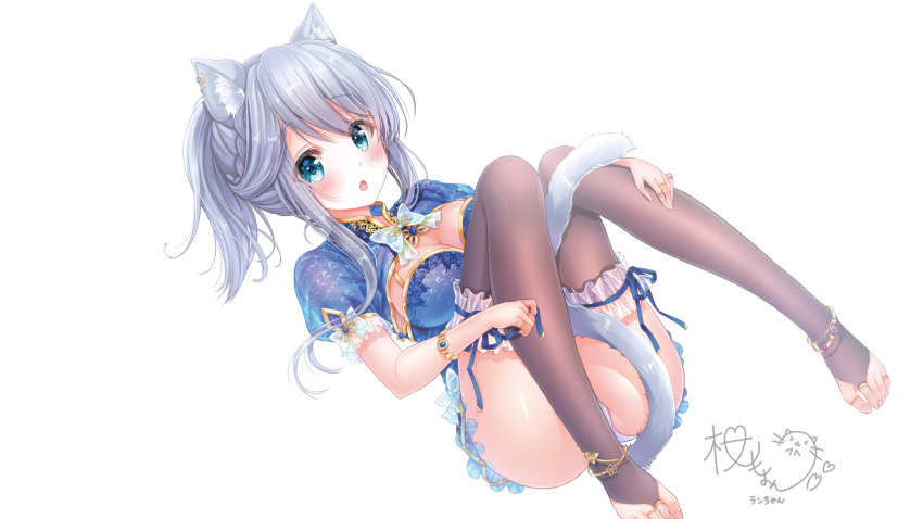 1girl :o animal_ears anklet ass bangs black_legwear blue_dress blue_eyes blue_ribbon blush bow bowtie breasts bridal_legwear cat_ears cat_girl cat_tail china_dress chinese_clothes cleavage dress eyebrows_visible_through_hair fang frilled_legwear hair_between_eyes hand_on_leg heart highres jewelry long_hair looking_at_viewer lying medium_breasts no_shoes on_back open_mouth original panties pink_lips ponytail puffy_short_sleeves puffy_sleeves ribbon ring sakura_moyon short_sleeves sidelocks signature silver_hair simple_background solo tail thigh-highs toenails underwear wallpaper white_background white_panties