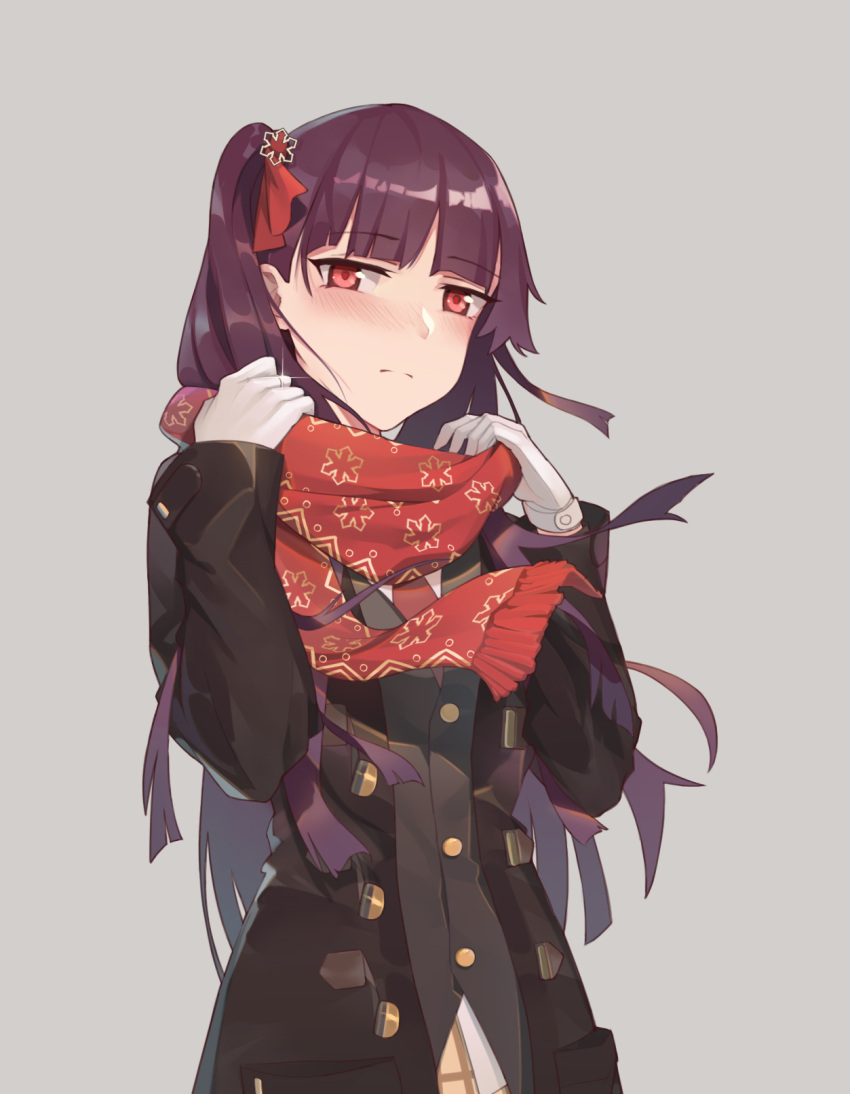 1girl alternate_costume bangs belt_buckle black_coat blush breasts buckle closed_mouth coat enpera eyebrows_visible_through_hair girls_frontline gloves grey_background hair_ornament hair_ribbon half-closed_eyes highres holding_scarf jewelry jiachong_jun_z long_hair long_sleeves looking_at_viewer medium_breasts miniskirt necktie open_clothes overcoat plaid plaid_skirt pleated_skirt purple_hair red_eyes red_neckwear red_ribbon red_scarf ribbon ring scarf school_uniform serafuku shirt side_ponytail simple_background skirt snowflake_hair_ornament snowflake_print solo tsurime very_long_hair wa2000_(girls_frontline) wedding_band white_gloves white_shirt winter_clothes winter_coat