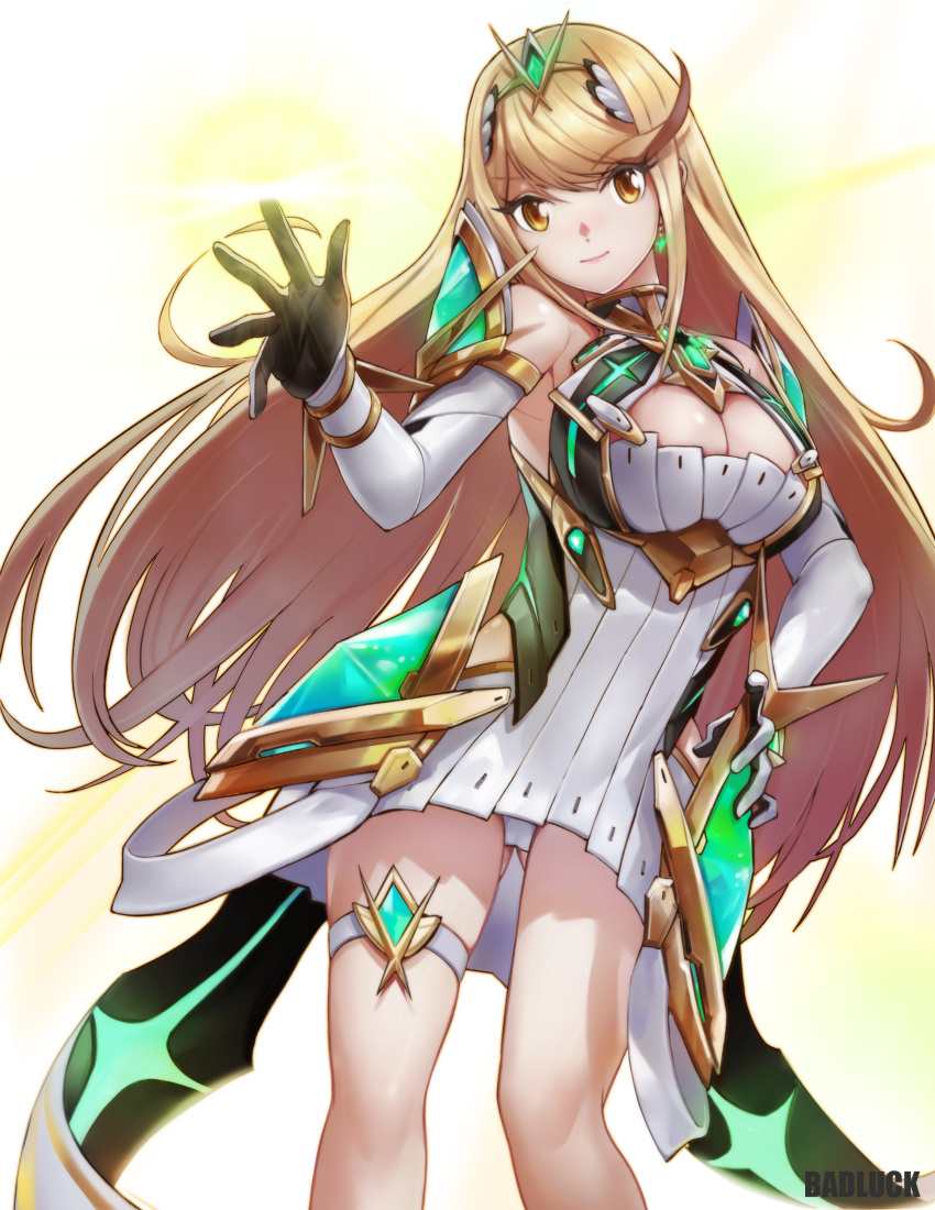 1girl absurdres armor bardosui blonde_hair breasts dress fingerless_gloves gloves green_eyes highres mythra_(xenoblade) long_hair looking_at_viewer smile solo white_background xenoblade xenoblade_2 yellow_eyes