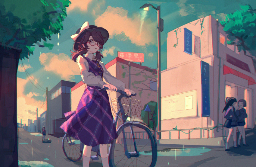 aibivy bicycle blue_sky brown_eyes brown_hair building checkered checkered_skirt clouds contemporary glasses ground_vehicle hat highres looking_at_viewer outdoors puddle red-framed_eyewear road school_uniform short_twintails skirt sky solo_focus street touhou tree twintails usami_sumireko vest