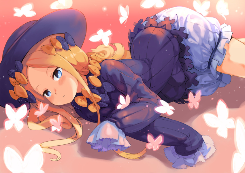 1girl abigail_williams_(fate/grand_order) bangs black_bow black_dress black_hat blonde_hair bloomers blue_eyes blush bow butterfly commentary_request dress fate/grand_order fate_(series) garun_wattanawessako hair_bow hands_in_sleeves hat long_hair long_sleeves looking_at_viewer lying on_side orange_bow parted_bangs parted_lips polka_dot polka_dot_bow solo underwear very_long_hair white_bloomers