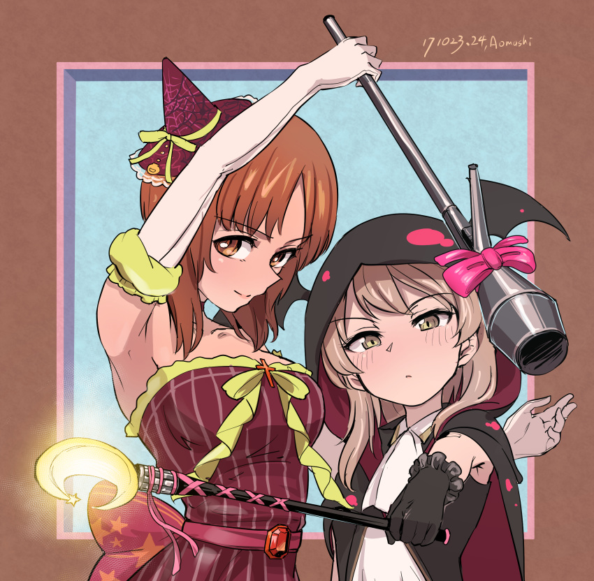2girls absurdres aomushi_(mushamusha) arm_up artist_name bangs black_gloves bow cloak closed_mouth crescent dated dress elbow_gloves foreshortening frown gem girls_und_panzer gloves halloween_costume hat head_wings highres holding hood hooded_cloak large_bow long_hair looking_at_viewer mini_hat mini_witch_hat multiple_girls nishizumi_miho outside_border pink_bow red_dress red_hat shimada_arisu short_hair side-by-side signature smile standing strapless strapless_dress upper_body wand weapon weapon_request white_gloves witch_hat
