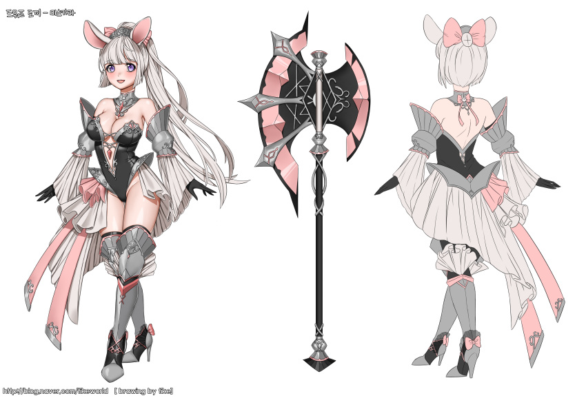 1girl :d absurdres animal_ears artist_name axe bare_shoulders black_gloves boots bow breasts cleavage detached_sleeves facing_away gloves greaves grey_footwear groin hair_bow high_heel_boots high_heels highres long_hair looking_at_viewer medium_breasts multiple_views open_mouth ponytail smile standing tikeworld violet_eyes watermark web_address white_background