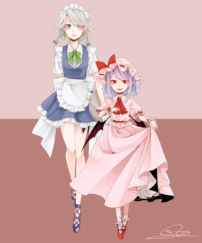 2girls apron ascot blue_eyes blue_hair commentary_request frilled_apron frills hat height_difference highres izayoi_sakuya looking_at_viewer maid_headdress mob_cap multiple_girls open_mouth puffy_short_sleeves puffy_sleeves red_eyes red_neckwear remilia_scarlet short_hair short_sleeves smile souta_(karasu_no_ouchi) touhou white_hair