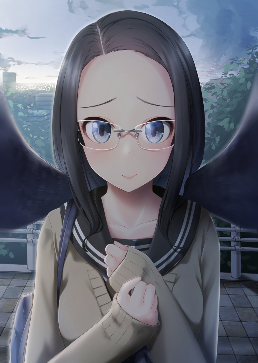 1girl black_hair blue_eyes cardigan clouds glasses highres long_hair looking_at_viewer nekobaka original rimless_eyewear school_uniform sky smile solo standing upper_body