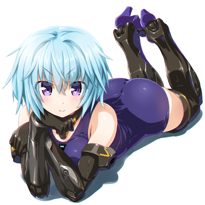 &gt;:) 1girl ass bangs bare_shoulders black_gloves black_legwear blue_hair blush closed_mouth collar dd_(ijigendd) elbow_gloves eyebrows_visible_through_hair frame_arms_girl full_body gloves hair_between_eyes highres hresvelgr legs_up looking_at_viewer lying mecha_musume on_stomach one-piece_swimsuit purple_swimsuit school_swimsuit short_hair simple_background smug solo swimsuit tareme thigh-highs v-shaped_eyebrows violet_eyes white_background