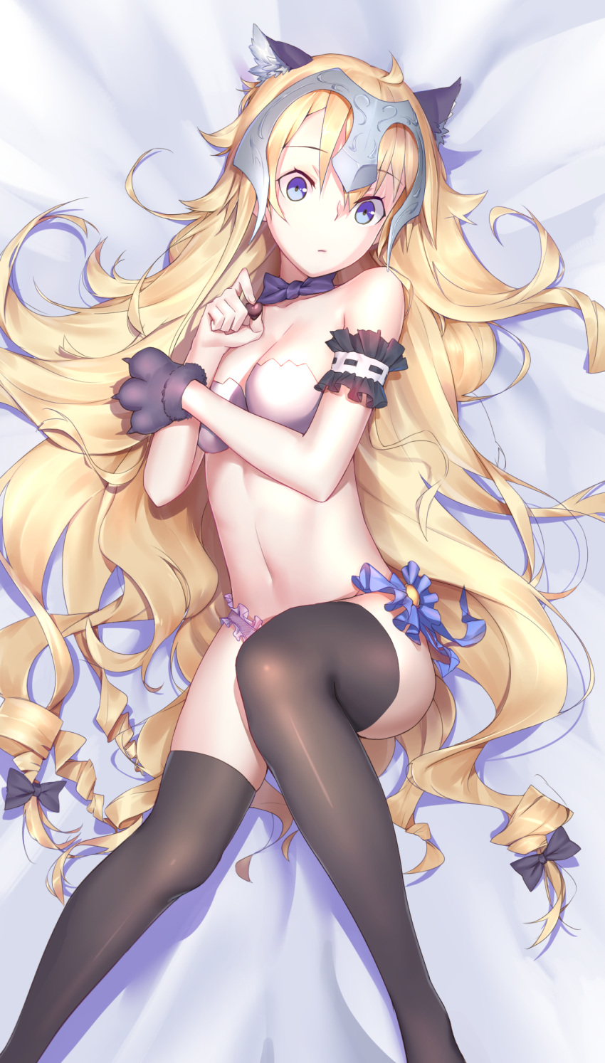 1girl animal_ears arm_strap asymmetrical_gloves bed_sheet black_bow black_legwear blonde_hair blue_eyes blue_neckwear blue_ribbon bow bra breasts cat_ears cleavage collarbone dakimakura eyebrows_visible_through_hair fate/apocrypha fate_(series) from_above gloves hair_between_eyes hair_bow highres jeanne_d'arc_(fate) jeanne_d'arc_(fate)_(all) long_hair lying medium_breasts on_back panties parted_lips paw_gloves paws pink_panties ribbon solo striped striped_bra thigh-highs underwear very_long_hair virtu.al white_bra