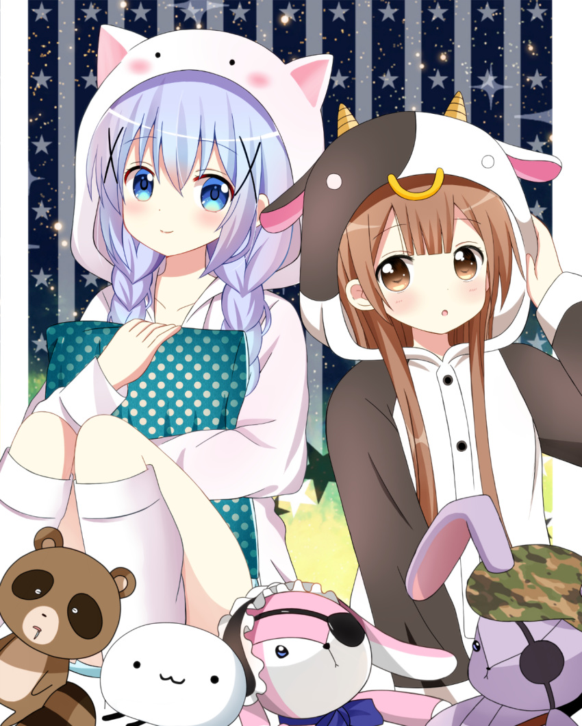 2girls :o animal_costume bangs blue_eyes blue_hair blush brown_eyes brown_hair camouflage closed_mouth collarbone cow_costume cow_horns eyebrows_visible_through_hair eyepatch gochuumon_wa_usagi_desu_ka? hair_between_eyes hair_ornament hairband head_tilt highres hood hood_up hoodie horns kafuu_chino kneehighs lolita_hairband long_hair long_sleeves looking_at_viewer multiple_girls oomuro_hanako open_clothes open_hoodie pajamas parted_lips pillow pillow_hug polka_dot_pillow ryoutan sidelocks smile star starry_background stuffed_animal stuffed_bunny stuffed_raccoon stuffed_toy white_hoodie white_legwear x_hair_ornament yuru_yuri