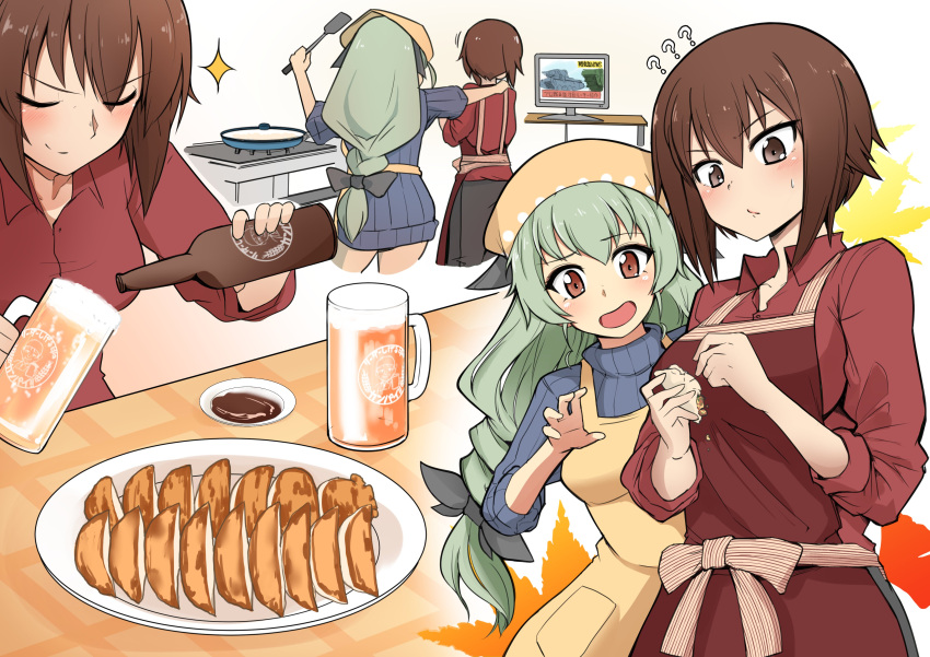 2girls ? absurdres alcohol alternate_costume alternate_hairstyle anchovy apron beer beer_bottle beer_mug brown_eyes brown_hair closed_eyes commentary cooking dress dumpling food frying_pan girls_und_panzer green_hair head_scarf highres hoshikawa_(hoshikawa_gusuku) jiaozi leaf long_hair low-tied_long_hair multiple_girls nishizumi_maho open_mouth plate short_hair smile sparkle stove sweater sweater_dress table tagme television