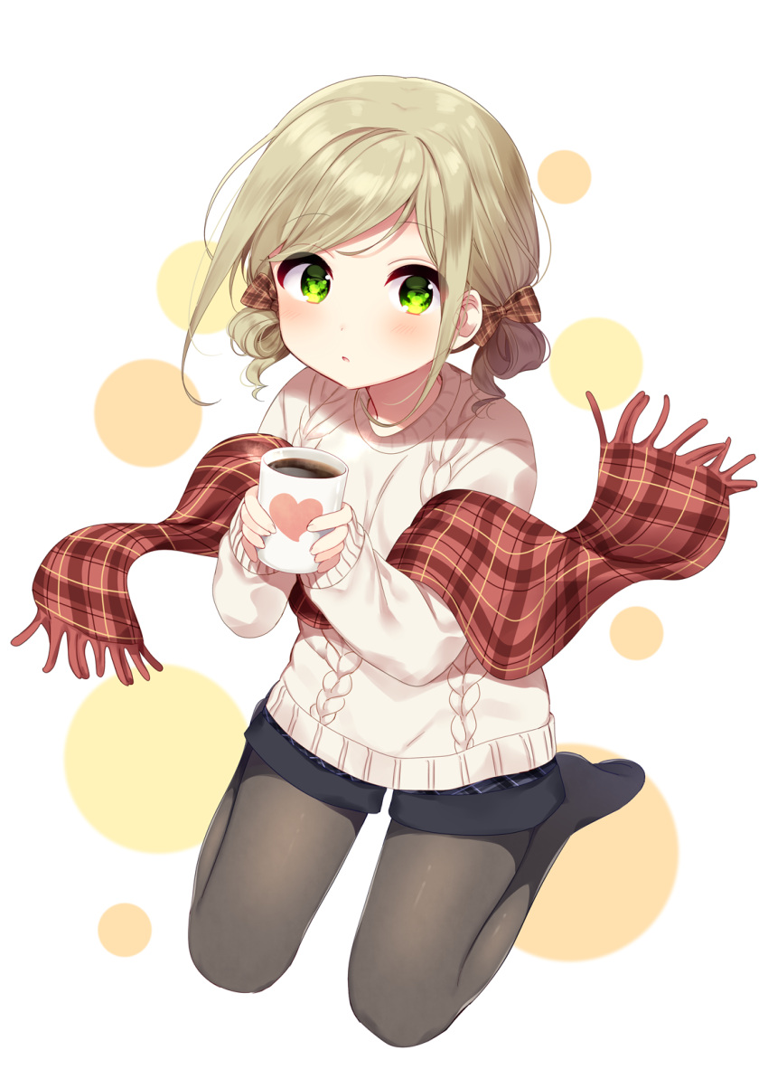 1girl :o aran_sweater bangs black_legwear blue_shorts blush bow brown_bow brown_scarf coffee coffee_mug commentary_request copyright_request eyebrows_visible_through_hair fingernails full_body green_eyes hair_bow heart highres holding_mug light_smile long_sleeves looking_at_viewer mafuyu_(chibi21) no_shoes official_art pantyhose parted_lips plaid plaid_bow plaid_scarf plaid_shorts scarf seiza short_shorts shorts sitting sleeves_past_wrists solo sweater white_background white_sweater