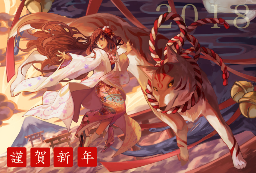 1girl 2018 :d bell brown_eyes brown_hair dog flower hair_flower hair_ornament highres japanese_clothes jingle_bell kimono kuune_(muttey-myg) long_hair nengajou new_year open_mouth original outdoors sandals smile standing torii very_long_hair white_legwear wide_sleeves